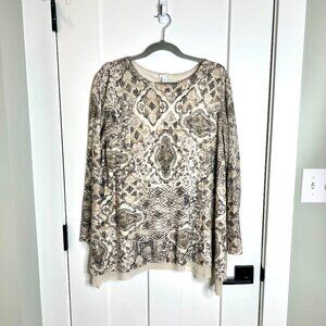 J. Jill Crew Neck Paisley Print Sweater Lace Hem Oversized Size Medium